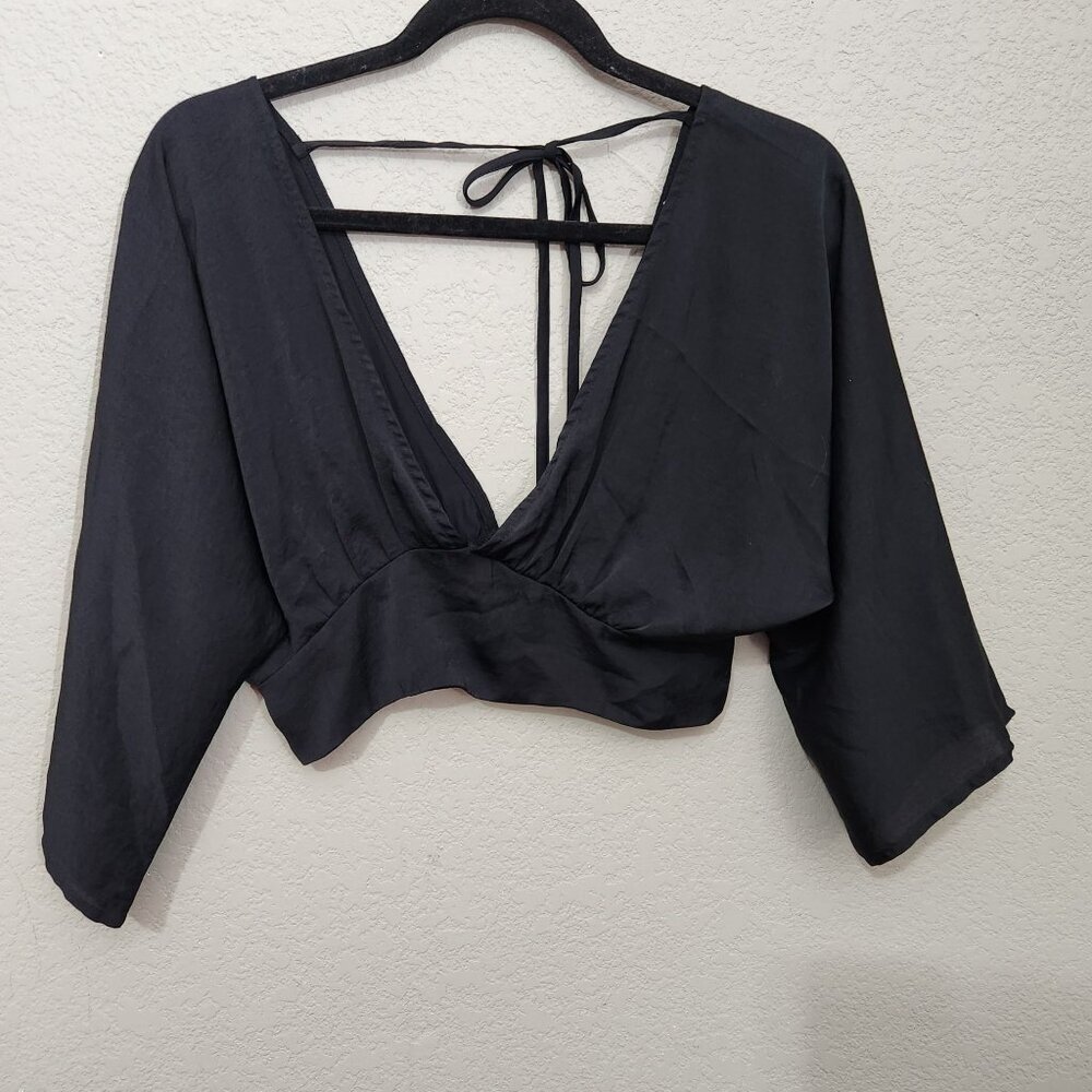 Forever 21 Black Deep V-Neck Crop Top Satin Size S Goth Princess